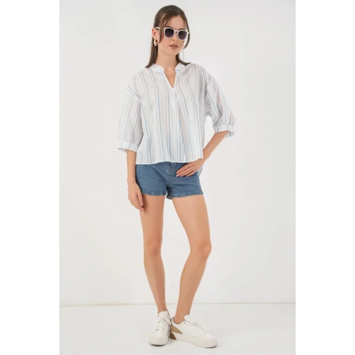 Çizgili Oversize Bluz 967 - A.Mavi