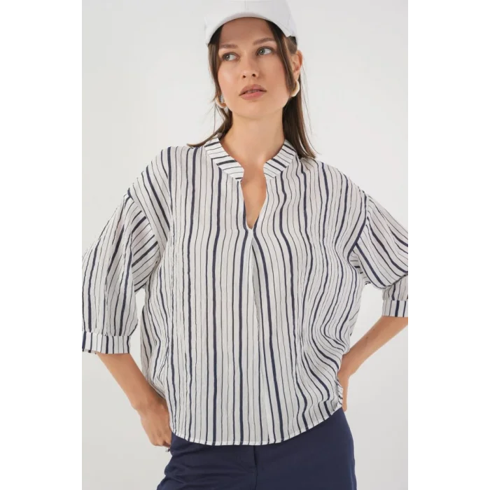 Çizgili Oversize Bluz 967 - F.Lacivert