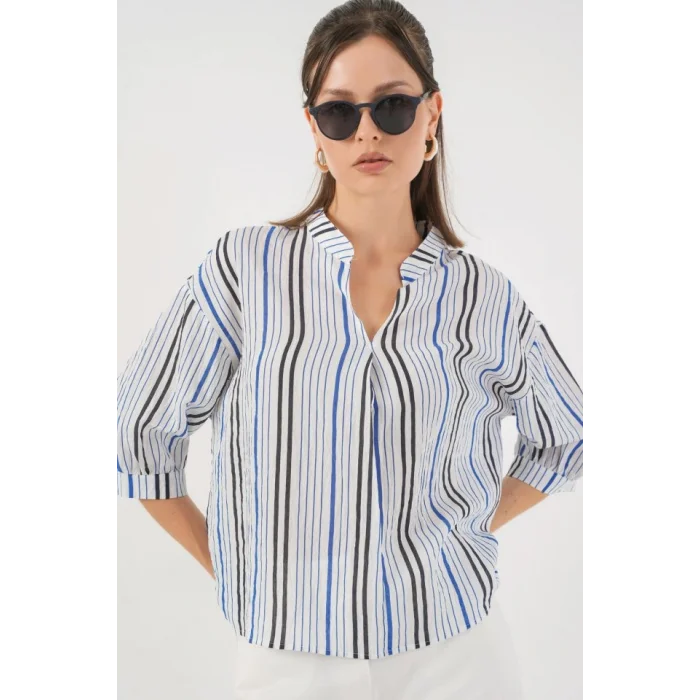 Çizgili Oversize Bluz 967 - Lacivert