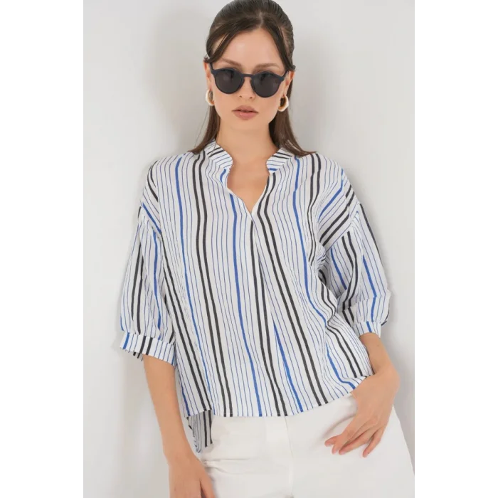 Çizgili Oversize Bluz 967 - Lacivert