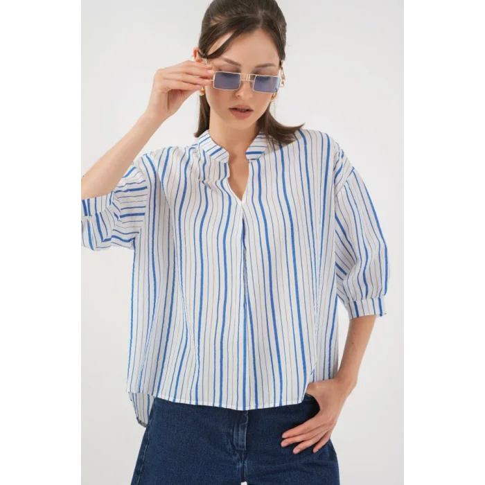 Çizgili Oversize Bluz 967 - Mavi