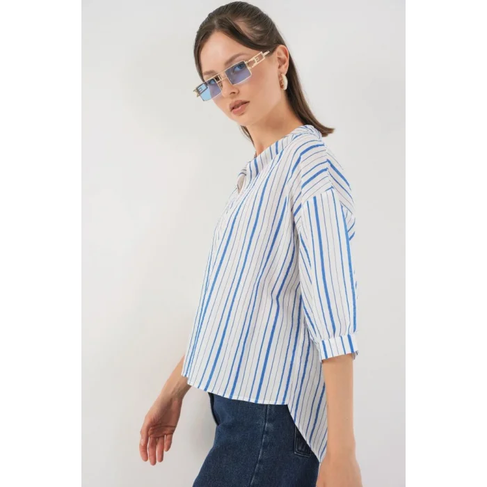 Çizgili Oversize Bluz 967 - Mavi