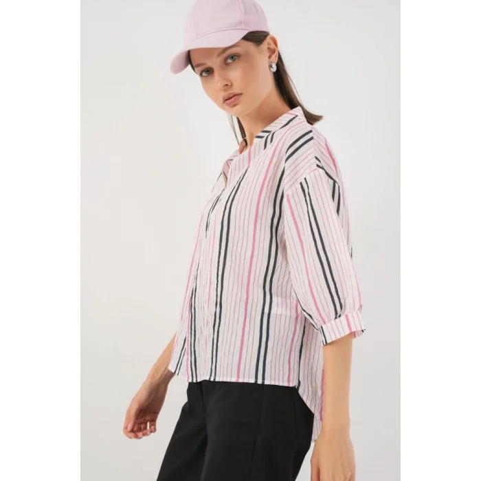 Çizgili Oversize Bluz 967 - Pembe