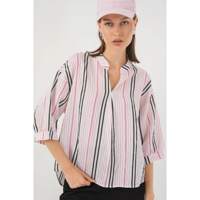 Çizgili Oversize Bluz 967 - Pembe
