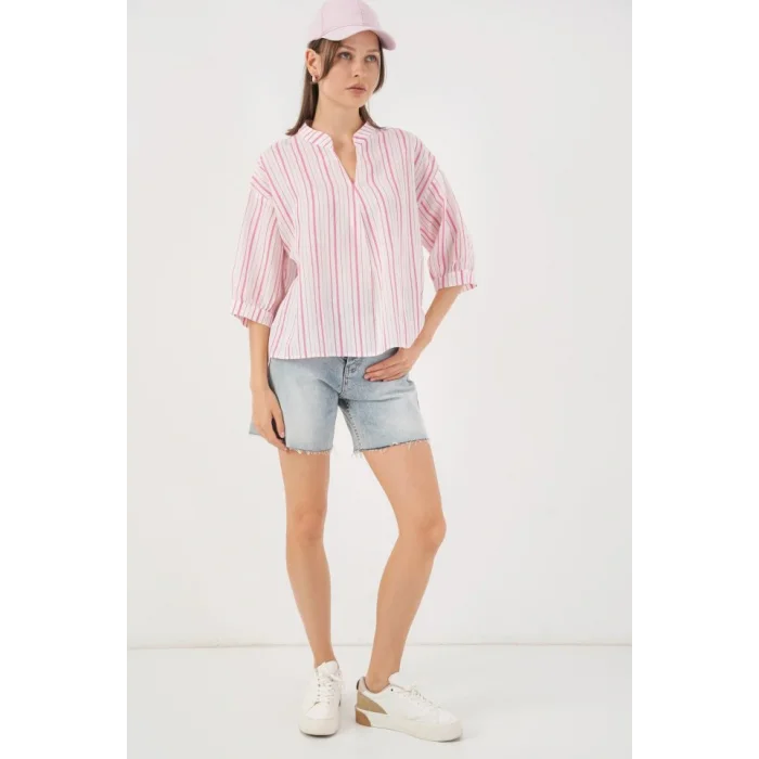 Çizgili Oversize Bluz 967 - Pudra