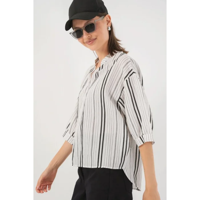 Çizgili Oversize Bluz 967 - Taş
