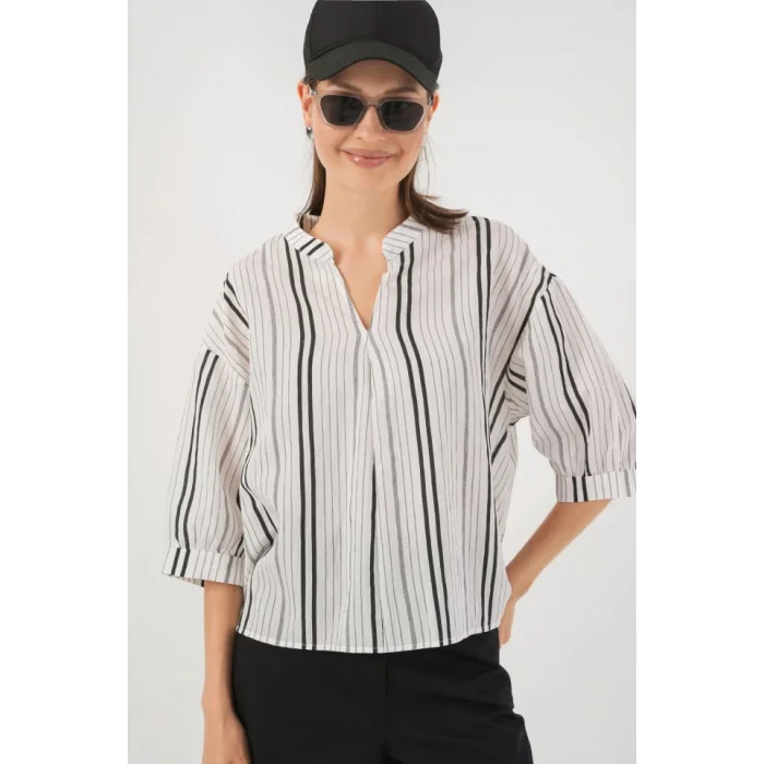 Çizgili Oversize Bluz 967 - Taş