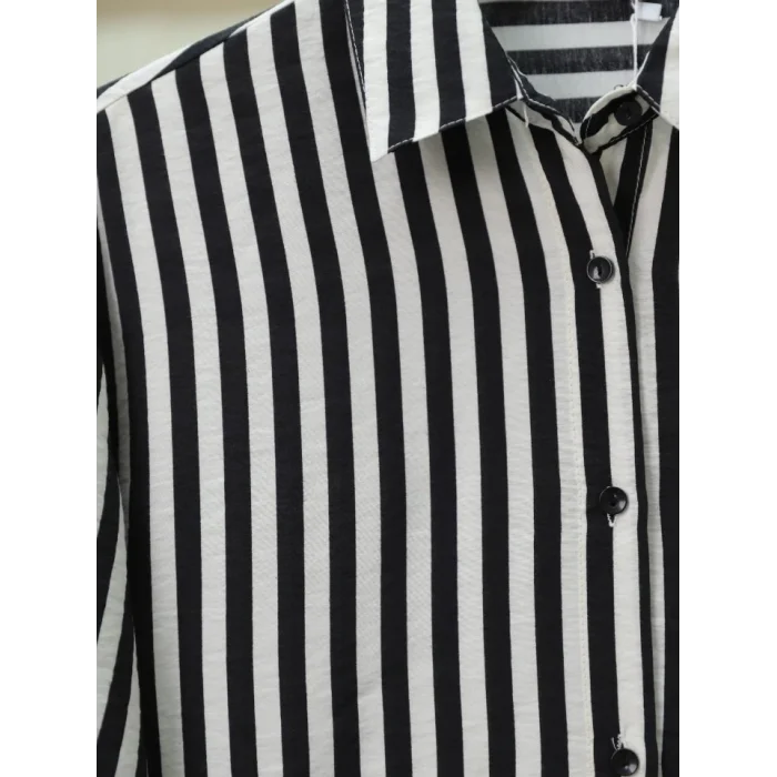Çizgili Oversize Düğmeli Gömlek -Siyah