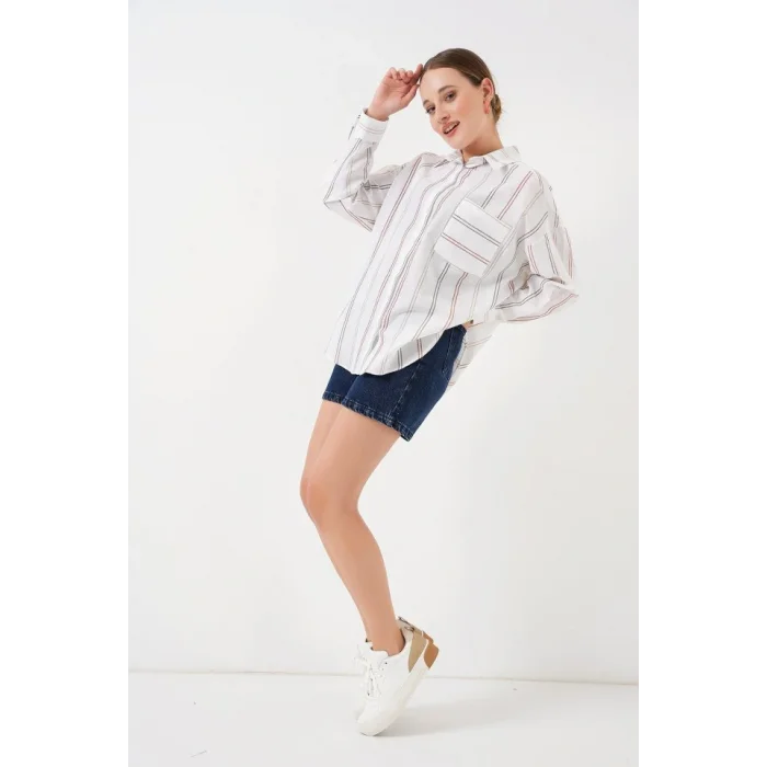 Çizgili Oversize Gömlek 20278 - B.Beyaz