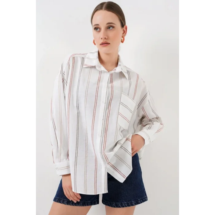 Çizgili Oversize Gömlek 20278 - B.Beyaz