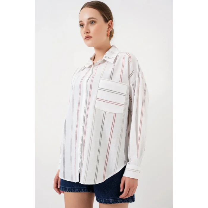 Çizgili Oversize Gömlek 20278 - B.Beyaz