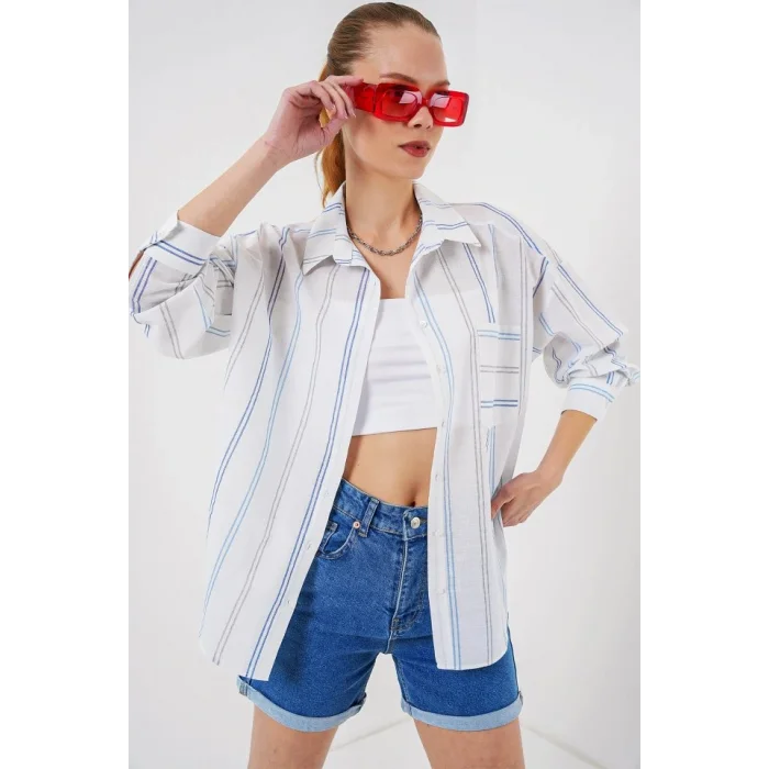 Çizgili Oversize Gömlek 20278 - Beyaz