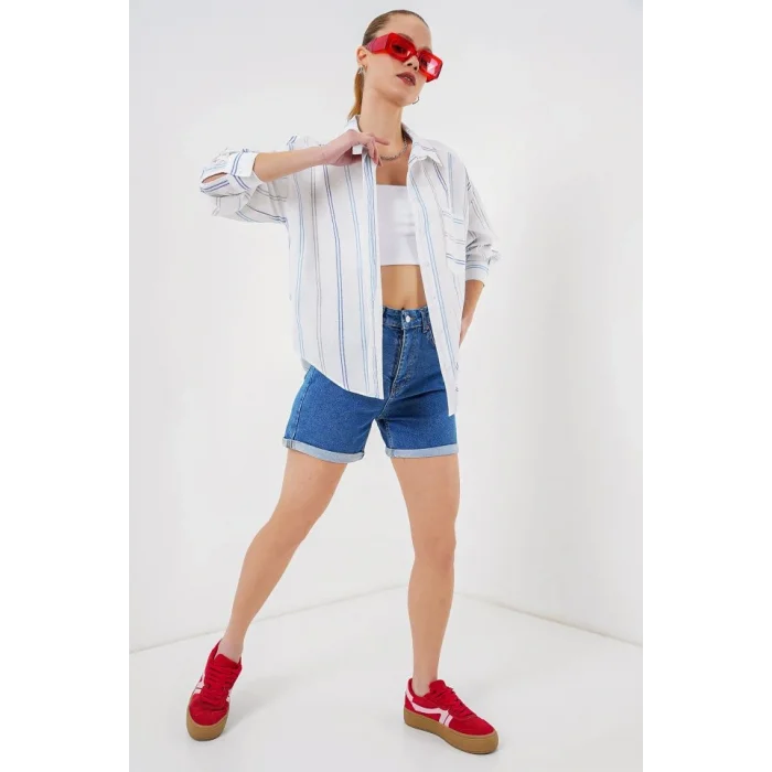 Çizgili Oversize Gömlek 20278 - Beyaz