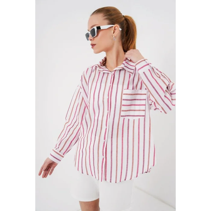 Çizgili Oversize Gömlek 20278 - Kırmızı