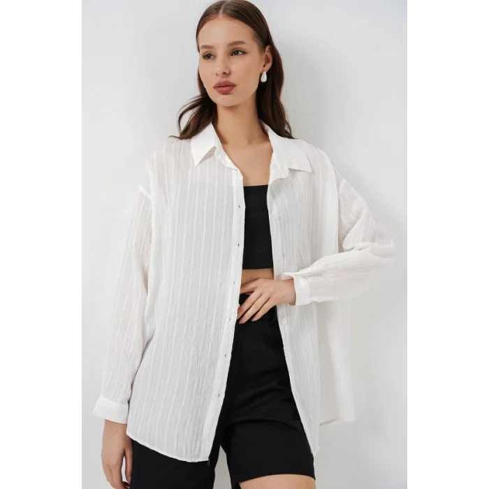 Çizgili Oversize Gömlek 20293 - Beyaz