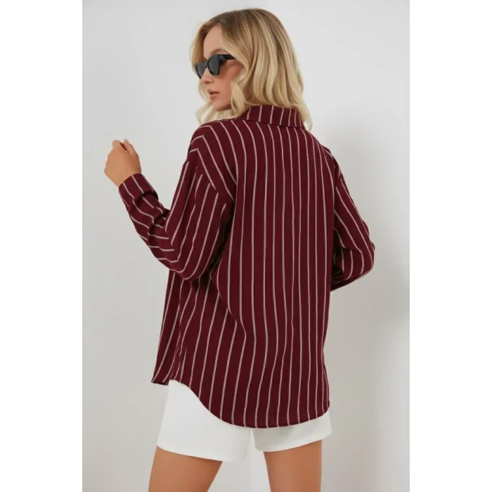 Çizgili Oversize Gömlek 20293 - Bordo