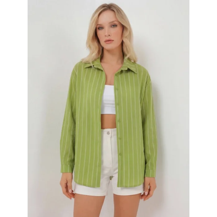 Çizgili Oversize Gömlek 20293 - E.Yeşil