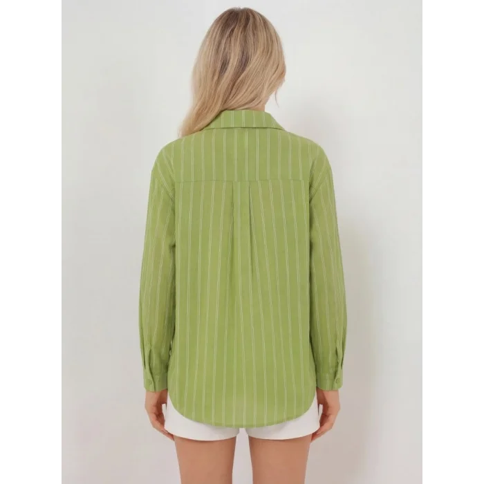 Çizgili Oversize Gömlek 20293 - E.Yeşil