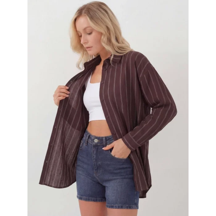 Çizgili Oversize Gömlek 20293 - Kahverengi