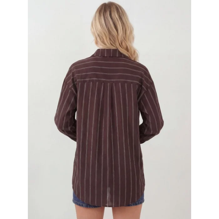 Çizgili Oversize Gömlek 20293 - Kahverengi