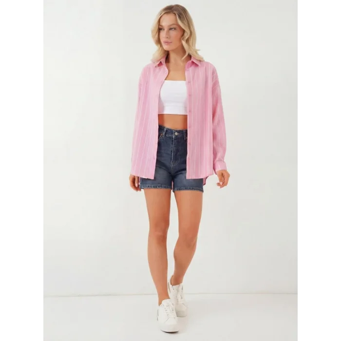 Çizgili Oversize Gömlek 20293 - Pembe