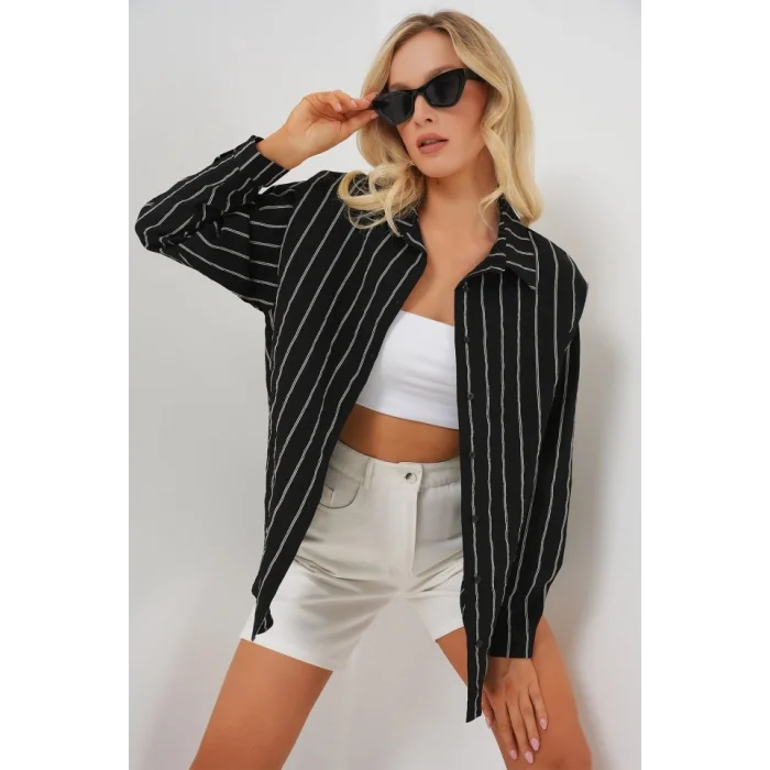 Çizgili Oversize Gömlek 20293 - Siyah