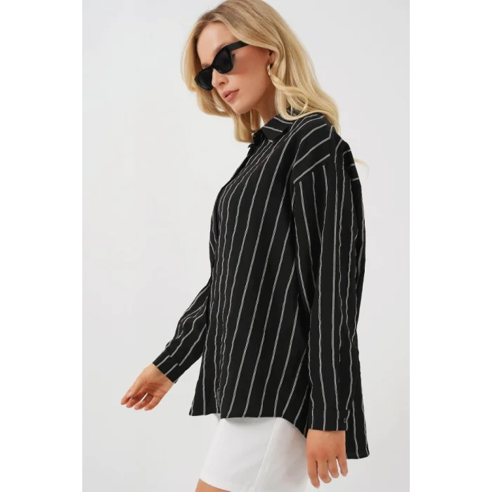 Çizgili Oversize Gömlek 20293 - Siyah