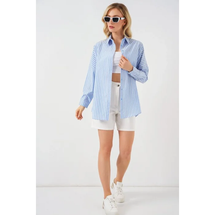 Çizgili Oversize Gömlek 20332 - B.Mavi
