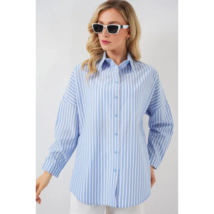 Çizgili Oversize Gömlek 20332 - B.Mavi