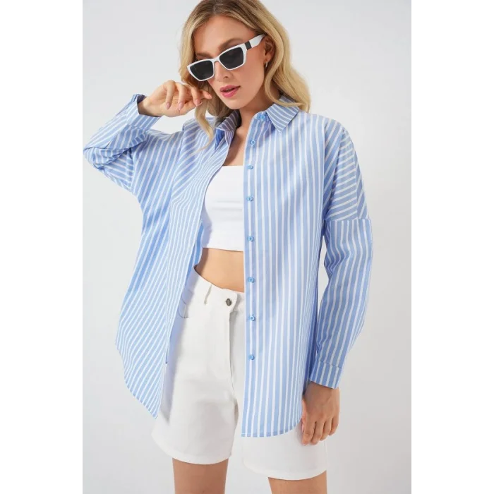 Çizgili Oversize Gömlek 20332 - B.Mavi