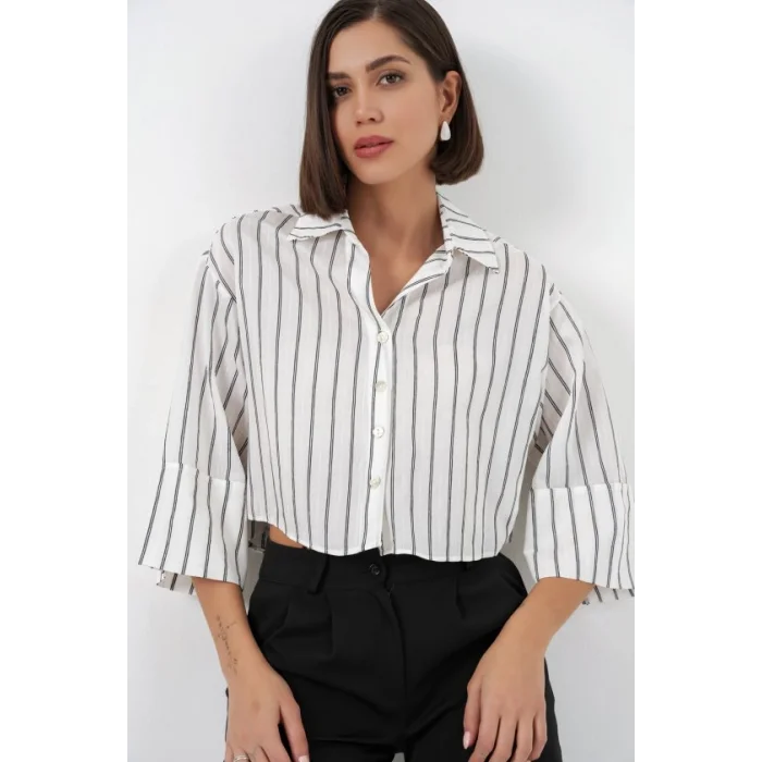 Çizgili Oversize Kısa Gömlek 20326 - B.Beyaz