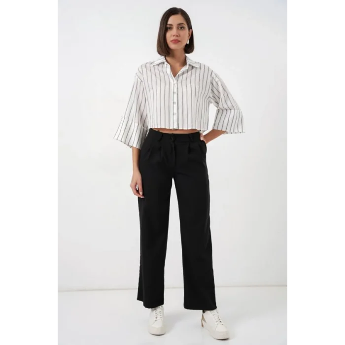 Çizgili Oversize Kısa Gömlek 20326 - B.Beyaz