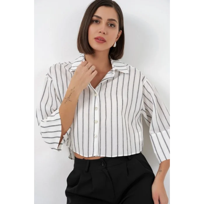 Çizgili Oversize Kısa Gömlek 20326 - B.Beyaz