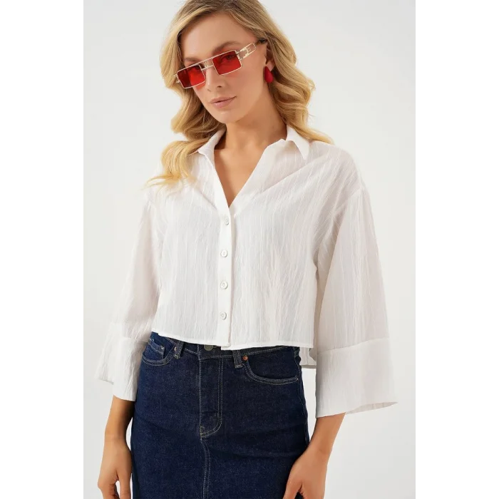 Çizgili Oversize Kısa Gömlek 20326 - Beyaz
