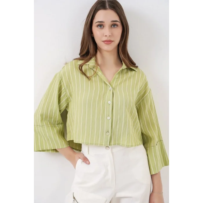 Çizgili Oversize Kısa Gömlek 20326 - E.Yeşil