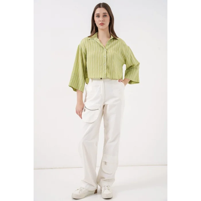 Çizgili Oversize Kısa Gömlek 20326 - E.Yeşil