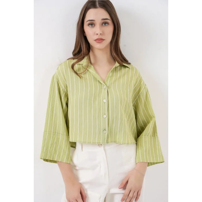 Çizgili Oversize Kısa Gömlek 20326 - E.Yeşil