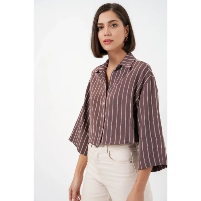 Çizgili Oversize Kısa Gömlek 20326 - Kahverengi