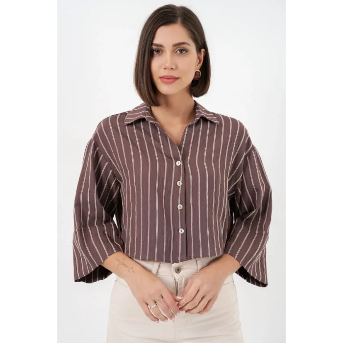 Çizgili Oversize Kısa Gömlek 20326 - Kahverengi