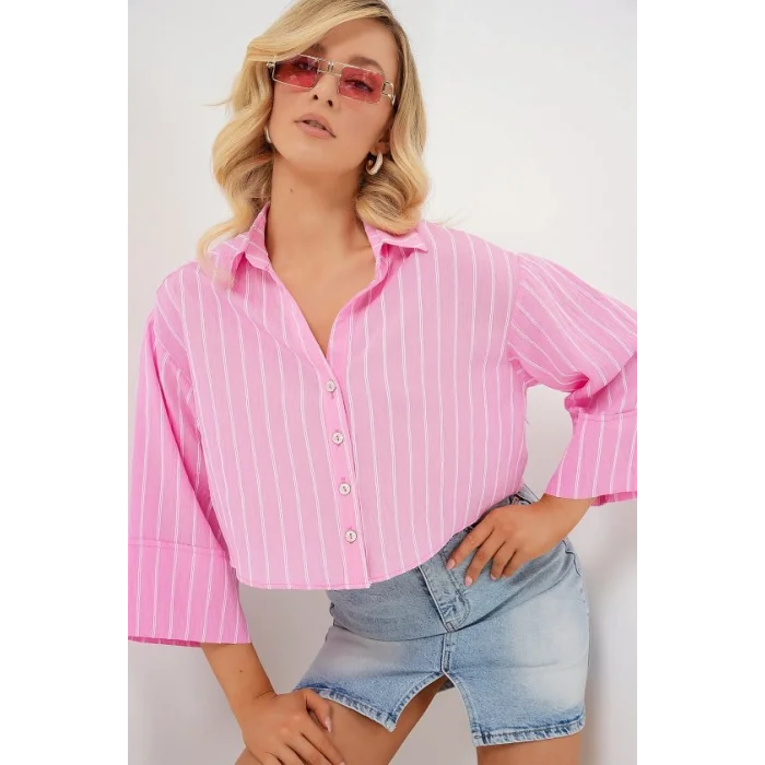 Çizgili Oversize Kısa Gömlek 20326 - Pembe