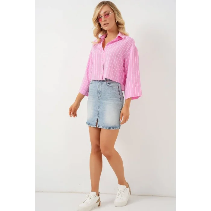 Çizgili Oversize Kısa Gömlek 20326 - Pembe
