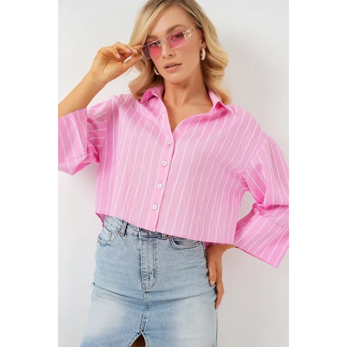 Çizgili Oversize Kısa Gömlek 20326 - Pembe
