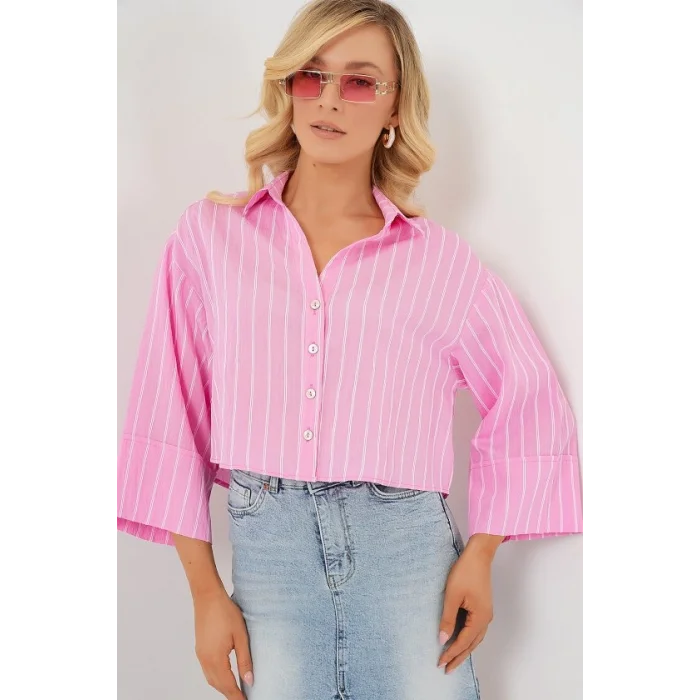 Çizgili Oversize Kısa Gömlek 20326 - Pembe