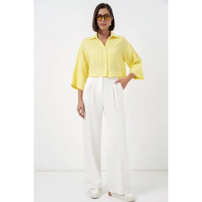 Çizgili Oversize Kısa Gömlek 20326 - Sarı