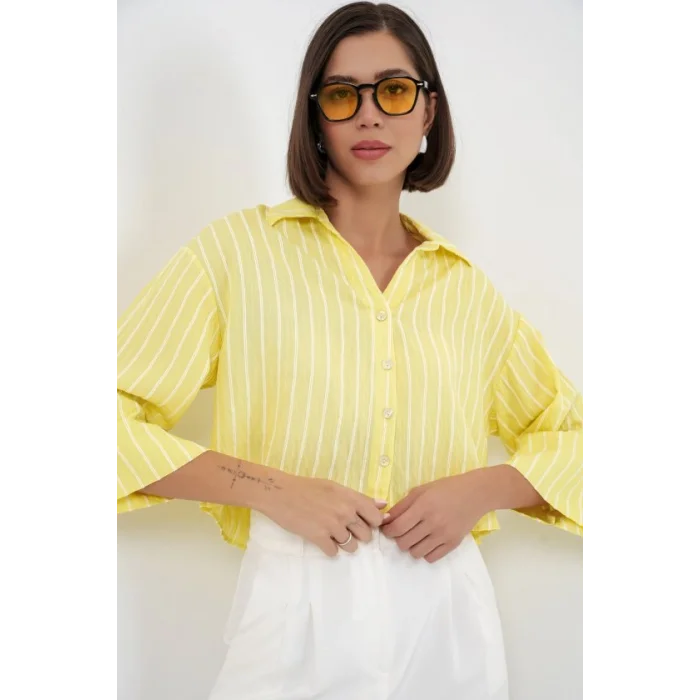 Çizgili Oversize Kısa Gömlek 20326 - Sarı