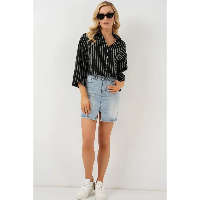 Çizgili Oversize Kısa Gömlek 20326 - Siyah