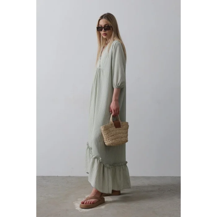 Çizgili Oversize V Yaka Elbise - Haki