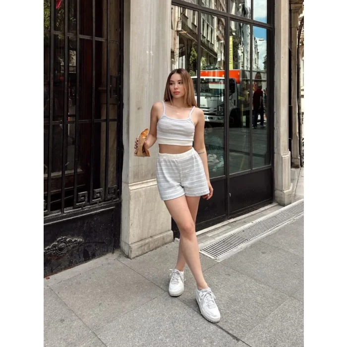 Çizgili şortlu takım gri s3978