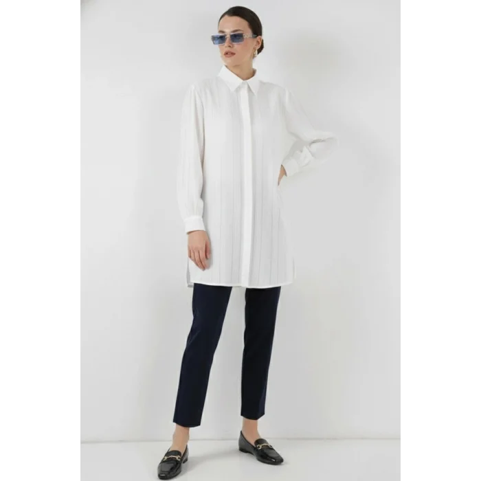 Çizgili Uzun Gömlek Tunik 5947 - Beyaz