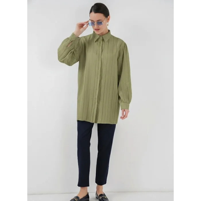 Çizgili Uzun Gömlek Tunik 5947 - Çağla
